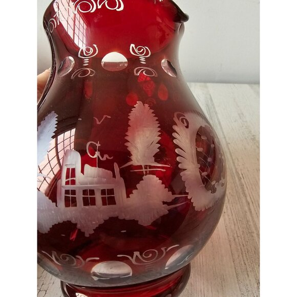 Vintage ergermann Bohemian red cut glass pitcher jug deer stag castle house scen - Picture 5 of 7